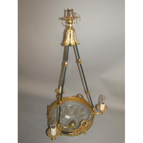 1674 - 19c STYLE CAST BRASS CEILING LIGHT WITH GLASS FONTED SHADE AND THREE BRANCHES 68cms H