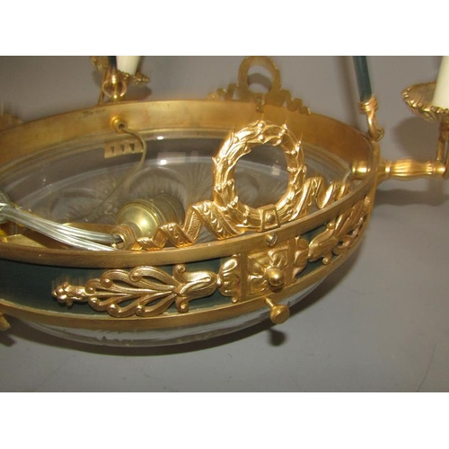 1674 - 19c STYLE CAST BRASS CEILING LIGHT WITH GLASS FONTED SHADE AND THREE BRANCHES 68cms H