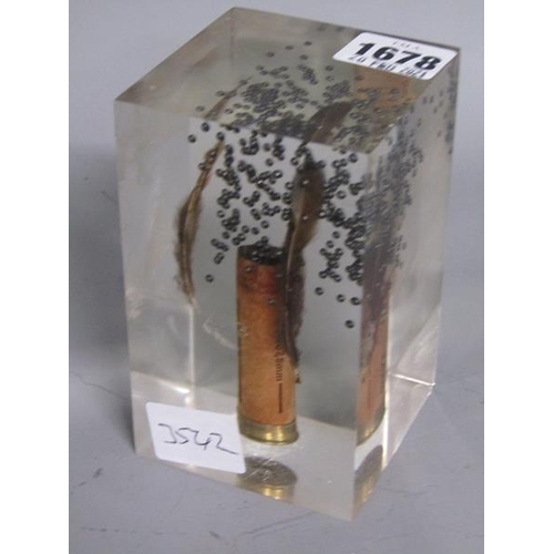 1678 - SHOTGUN CARTRIDGE PAPERWEIGHT DISPLAY 13cms H