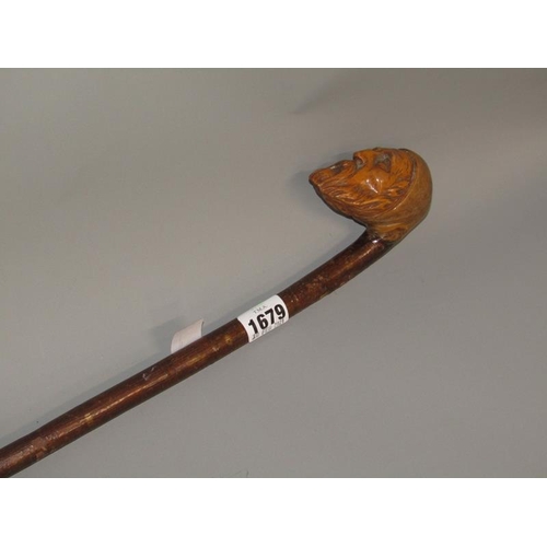 1679 - LATE 19/EARLY 20c WALKING CANE, THE HANDLED CARVED AS A BEARDED GENTLEMAN - 90cms L