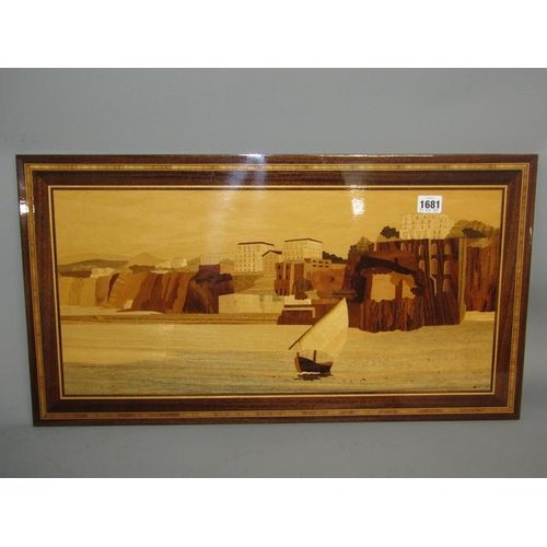 1681 - MARQUETRY INLAID PANEL COASTAL HARBOUR SCENE 37 x 44 cms