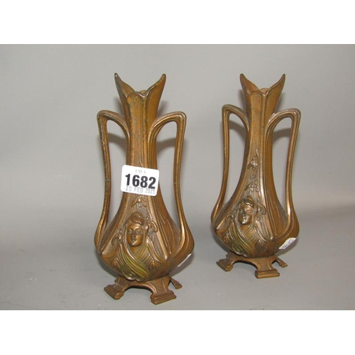 1682 - PAIR OF CAST METAL BRONZE ART NOUVEAU VASES 19cms H