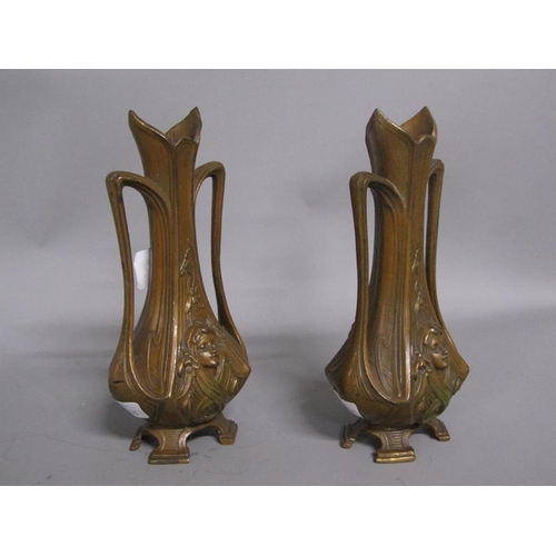 1682 - PAIR OF CAST METAL BRONZE ART NOUVEAU VASES 19cms H