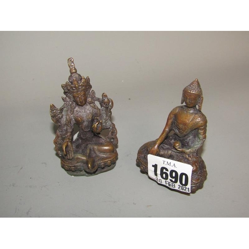 1690 - TWO CAST MINIATURE BRONZE BUDDHA FIGURES - 8cms h