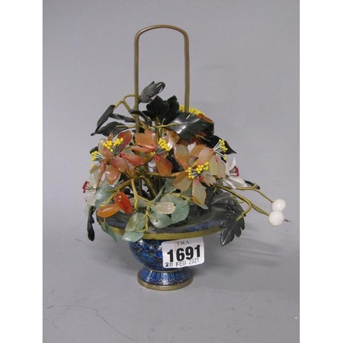 1691 - CLOISONNE POTTED ORIENTAL STONE FLOWER DISPLAY 19cms H