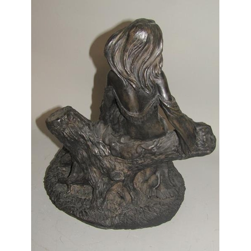 1693 - JOHN LETTS BRONZE RESIN SCULPTURE FEMALE SITTING ON A LOG - 38cms H