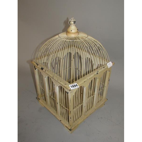 1694 - EARLY 20c WHITE PAINTED BIRD CAGE 44cms h.  THE DOME IS METAL AND THE CAGE IS WOOD.