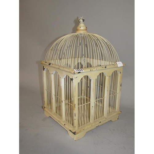 1694 - EARLY 20c WHITE PAINTED BIRD CAGE 44cms h.  THE DOME IS METAL AND THE CAGE IS WOOD.