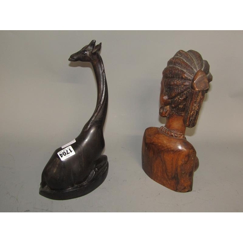 1704 - CARVED AFRICAN BUST (32cms h) OF A FEMALE AND A GIRAFFE