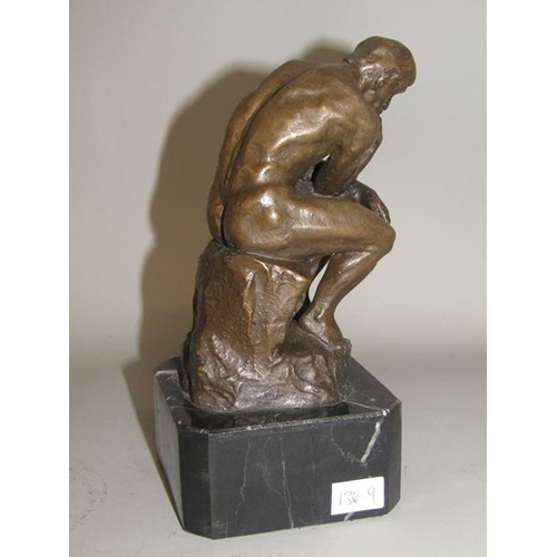 1718 - CAST BRONZE FIGURE ON MARBLE BASE - THE THINKER - 18cms H