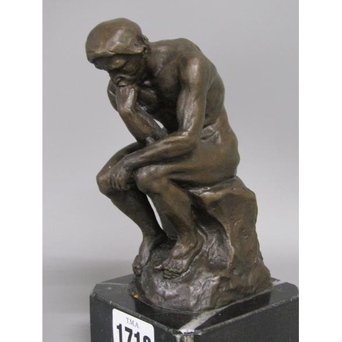 1718 - CAST BRONZE FIGURE ON MARBLE BASE - THE THINKER - 18cms H