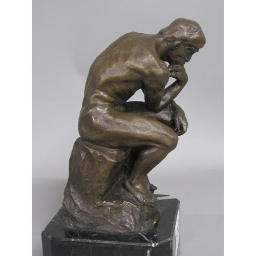 1718 - CAST BRONZE FIGURE ON MARBLE BASE - THE THINKER - 18cms H