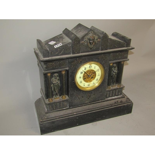 1719 - LARGE VICTORIAN SLATE MANTEL CLOCK 45cms H x 49cms W AT BASE