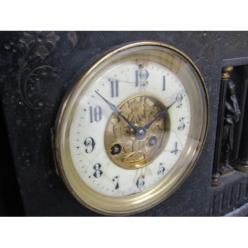 1719 - LARGE VICTORIAN SLATE MANTEL CLOCK 45cms H x 49cms W AT BASE