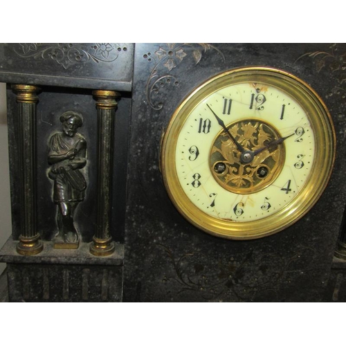 1719 - LARGE VICTORIAN SLATE MANTEL CLOCK 45cms H x 49cms W AT BASE