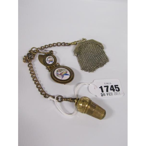 1745 - LATE 19c GILT METAL CHATELAINE WITH COIN PURSE, THIMBLE HOLDER AND WITH THREE GRADUATED OVAL BIRD DE... 