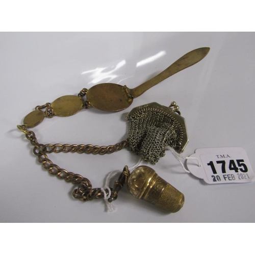 1745 - LATE 19c GILT METAL CHATELAINE WITH COIN PURSE, THIMBLE HOLDER AND WITH THREE GRADUATED OVAL BIRD DE... 