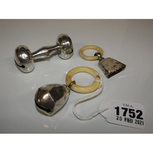 1752 - CHILDS SILVER RATTLE CHEW TOGETHER WITH ONE OTHER AND A SILVER RATTLE