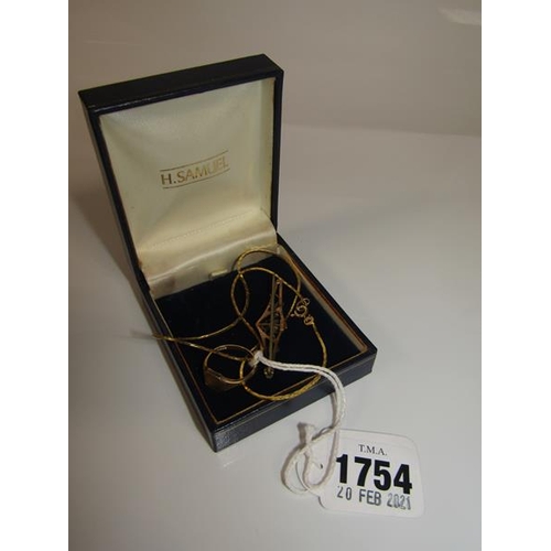 1754 - COLLECTION OF 9ct GOLD JEWELLERY INC. NECKLACE, SIGNET RING AND BAR BROOCH, TOTAL WEIGHT 9g