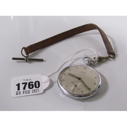 1760 - LANCET STEEL CASED POCKET WATCH IN WORKING ORDER AND WITH LEATHER STRAP