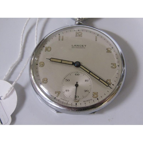 1760 - LANCET STEEL CASED POCKET WATCH IN WORKING ORDER AND WITH LEATHER STRAP