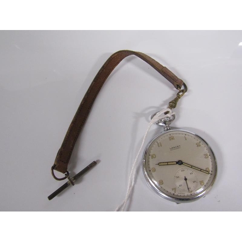 1760 - LANCET STEEL CASED POCKET WATCH IN WORKING ORDER AND WITH LEATHER STRAP