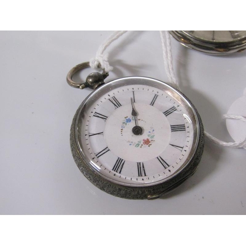 1761 - SILVER FACED AND WHITE PAINTED FLOWER DECORATED BASE SILVER CASED FOB WATCH