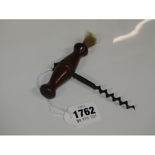 1762 - EDWARDIAN BUTLERS CORKSCREW WITH TURNED WOOD HANDLE WITH BRUSH 11.5cms L