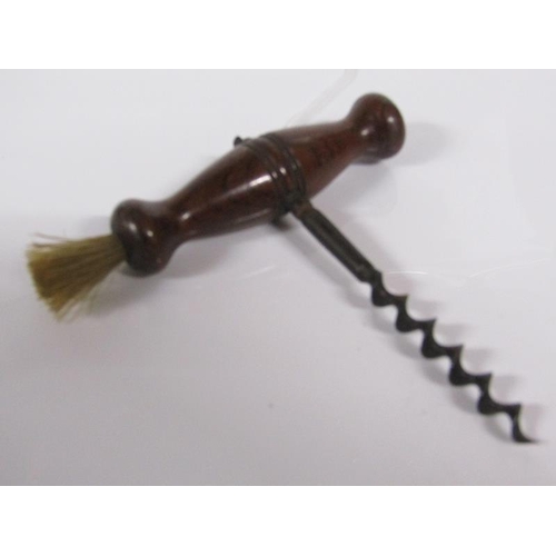 1762 - EDWARDIAN BUTLERS CORKSCREW WITH TURNED WOOD HANDLE WITH BRUSH 11.5cms L