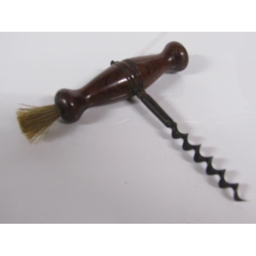 1762 - EDWARDIAN BUTLERS CORKSCREW WITH TURNED WOOD HANDLE WITH BRUSH 11.5cms L