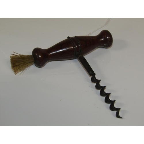 1762 - EDWARDIAN BUTLERS CORKSCREW WITH TURNED WOOD HANDLE WITH BRUSH 11.5cms L