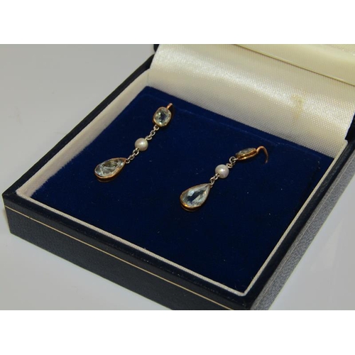 1786 - PAIR OF 9ct GOLD AQUAMARIE AND SEED PEARL SET EARRINGS