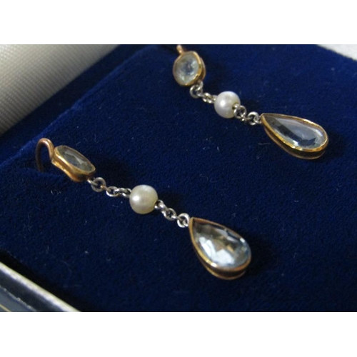 1786 - PAIR OF 9ct GOLD AQUAMARIE AND SEED PEARL SET EARRINGS