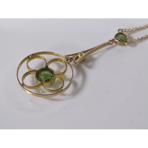 1798 - 9ct GOLD PERIDOT AND SEED PEARL SET PENDANT AND CHAIN