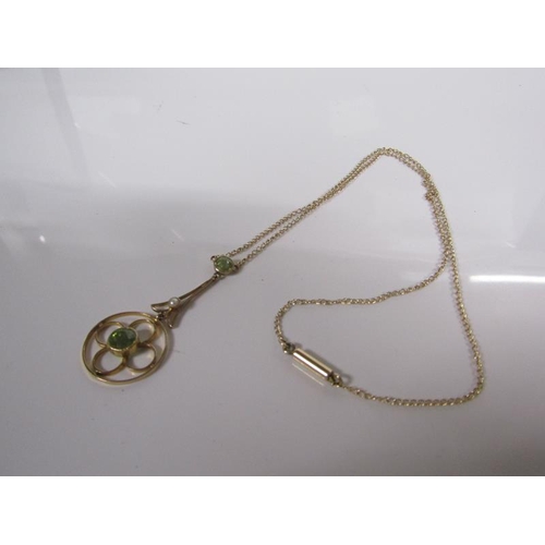 1798 - 9ct GOLD PERIDOT AND SEED PEARL SET PENDANT AND CHAIN