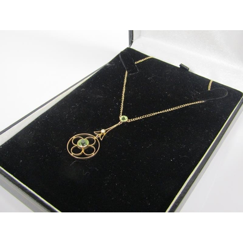 1798 - 9ct GOLD PERIDOT AND SEED PEARL SET PENDANT AND CHAIN