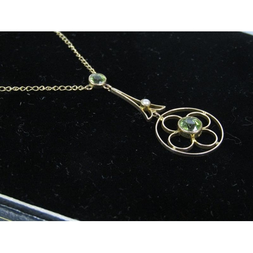 1798 - 9ct GOLD PERIDOT AND SEED PEARL SET PENDANT AND CHAIN