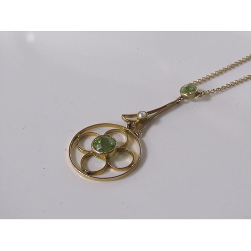 1798 - 9ct GOLD PERIDOT AND SEED PEARL SET PENDANT AND CHAIN