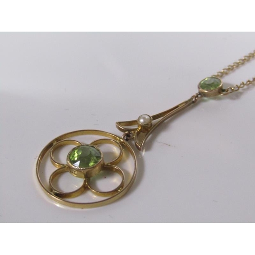 1798 - 9ct GOLD PERIDOT AND SEED PEARL SET PENDANT AND CHAIN