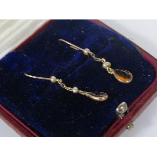 1801 - 9ct GOLD STONE SET AND SEED PEARL EARRINGS