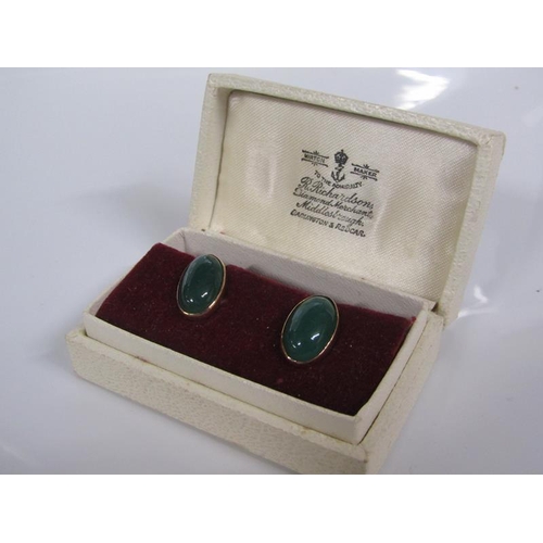 1803 - PAIR OF 9ct CABOUCHON GREEN STONE SET EARRINGS