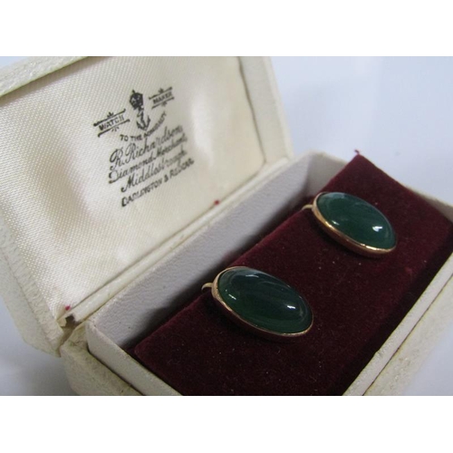 1803 - PAIR OF 9ct CABOUCHON GREEN STONE SET EARRINGS