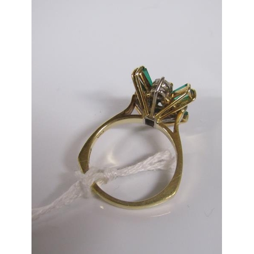 1809 - GOLD DIAMOND AND EMERALD SET FLORAL RING - SIZE M APPX