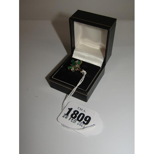 1809 - GOLD DIAMOND AND EMERALD SET FLORAL RING - SIZE M APPX