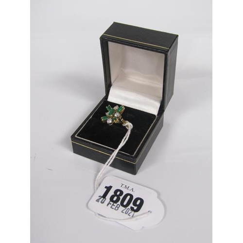 1809 - GOLD DIAMOND AND EMERALD SET FLORAL RING - SIZE M APPX