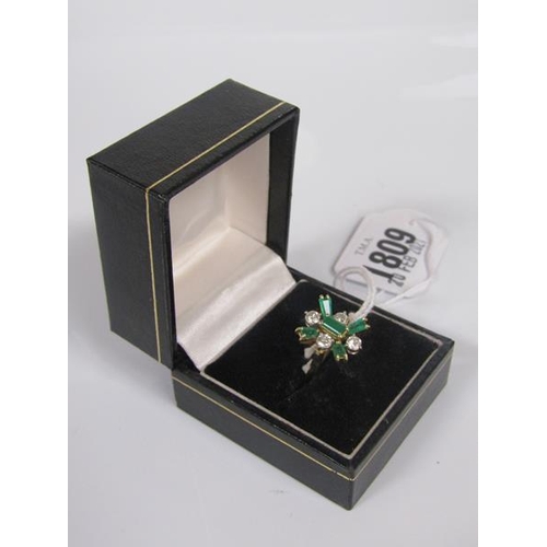 1809 - GOLD DIAMOND AND EMERALD SET FLORAL RING - SIZE M APPX