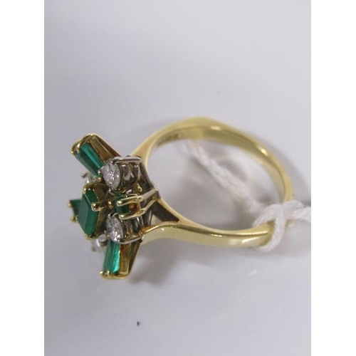 1809 - GOLD DIAMOND AND EMERALD SET FLORAL RING - SIZE M APPX