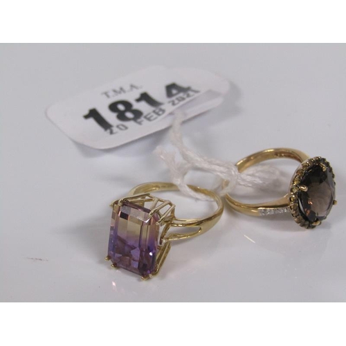 1814 - TWO 10K GOLD RINGS - QUARTZ SET, SIZE M/N - 7.4g