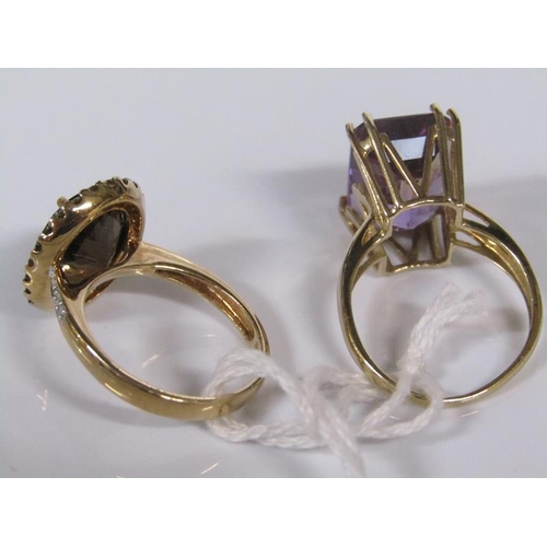 1814 - TWO 10K GOLD RINGS - QUARTZ SET, SIZE M/N - 7.4g