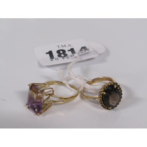 1814 - TWO 10K GOLD RINGS - QUARTZ SET, SIZE M/N - 7.4g